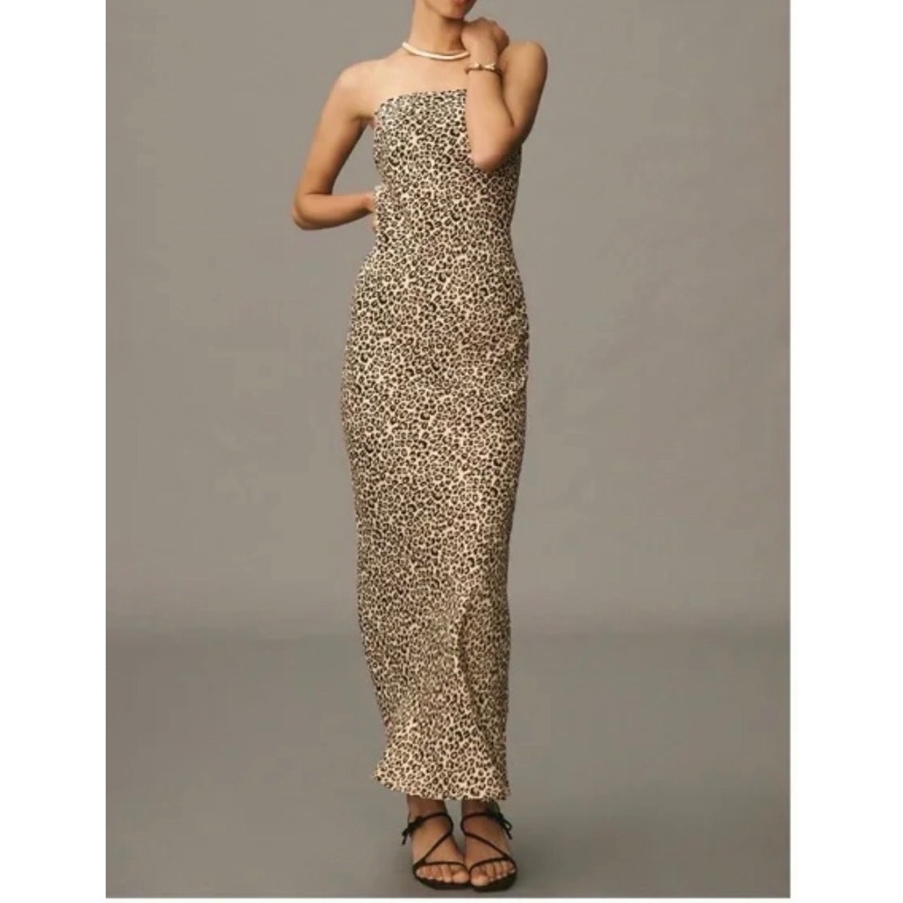 Anthropologie Fleur Leopard‎ Print Strapless Satin Maxi Dress Tan Black XL